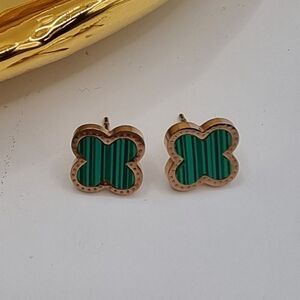 New 18k Gold Plated Stainless Steel 4 Leaf Clover green malachite Earrings